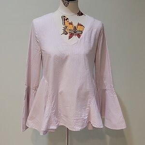 ROMEO & JULIET COUTURE blue & red striped top.  Bell sleeves and waist.  Large